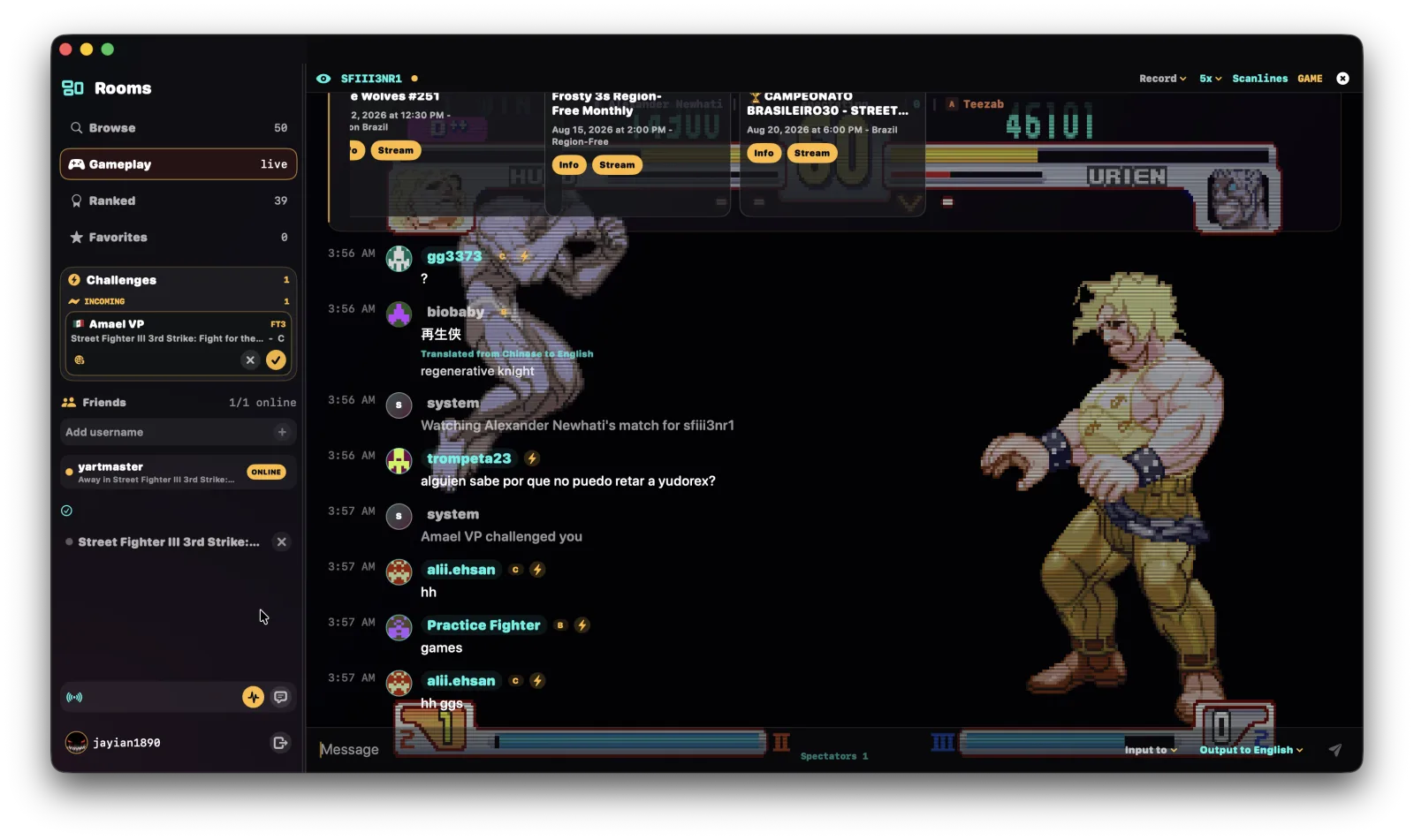 Macade's native Mac lobby with live arcade rooms, player chat and a match in progress