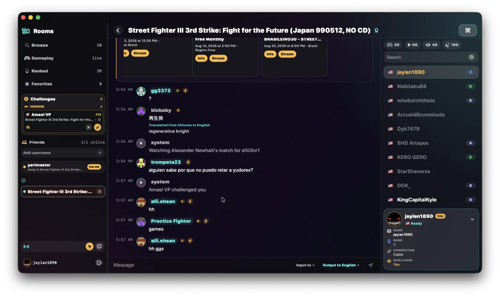 Macade showing a game room, player roster, incoming challenge and in-app chat